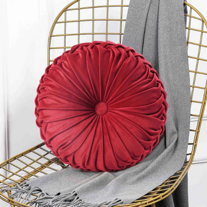 Set of 2 red pleated velvet round throw pillows with button tufted center – 14.5 inch pumpkin-style decorative cushions for sofa, bed, or reading nook

