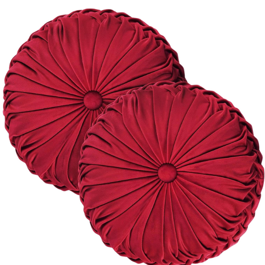 Set of 2 red pleated velvet round throw pillows with button tufted center – 14.5 inch pumpkin-style decorative cushions for sofa, bed, or reading nook


