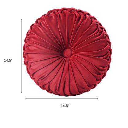 Set of 2 red pleated velvet round throw pillows with button tufted center – 14.5 inch pumpkin-style decorative cushions for sofa, bed, or reading nook

