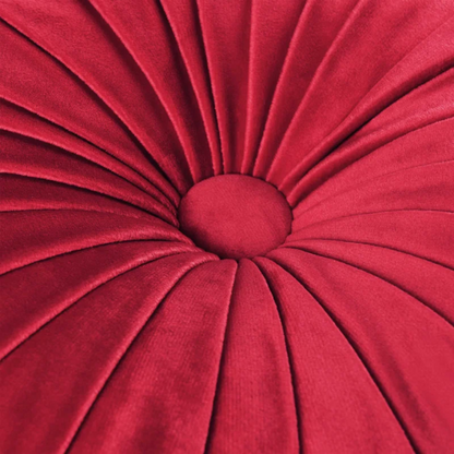 Set of 2 red pleated velvet round throw pillows with button tufted center – 14.5 inch pumpkin-style decorative cushions for sofa, bed, or reading nook

