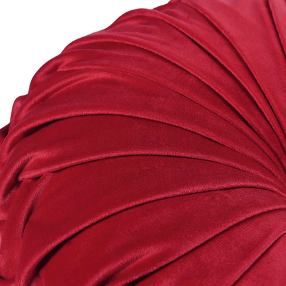 Set of 2 red pleated velvet round throw pillows with button tufted center – 14.5 inch pumpkin-style decorative cushions for sofa, bed, or reading nook

