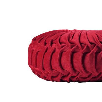 Set of 2 red pleated velvet round throw pillows with button tufted center – 14.5 inch pumpkin-style decorative cushions for sofa, bed, or reading nook


