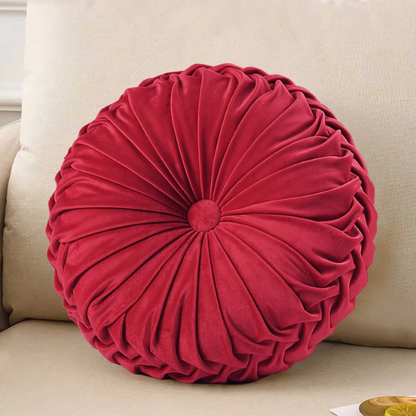 Set of 2 red pleated velvet round throw pillows with button tufted center – 14.5 inch pumpkin-style decorative cushions for sofa, bed, or reading nook

