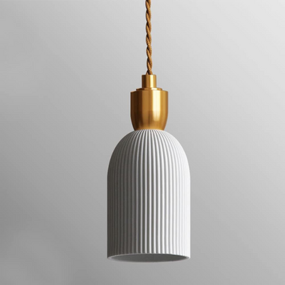 Modern retro pleated ceramic and brass cocoon pendant light, adjustable with E14 base.