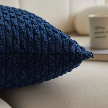 Royal blue striped corduroy throw pillow cover with zipper closure, perfect for modern and boho home décor.