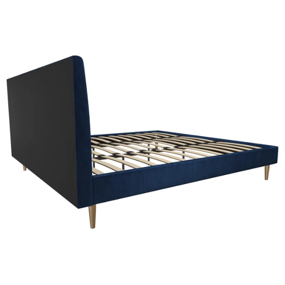 Royal blue velvet king platform bed with tufted rectangular headboard, wood slat support, and sleek low-profile design.

