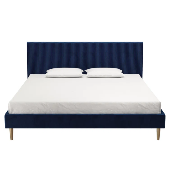 Royal blue velvet king platform bed with tufted rectangular headboard, wood slat support, and sleek low-profile design.

