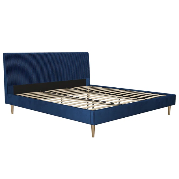 Royal blue velvet king platform bed with tufted rectangular headboard, wood slat support, and sleek low-profile design.

