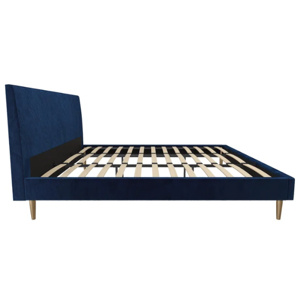 Royal blue velvet king platform bed with tufted rectangular headboard, wood slat support, and sleek low-profile design.

