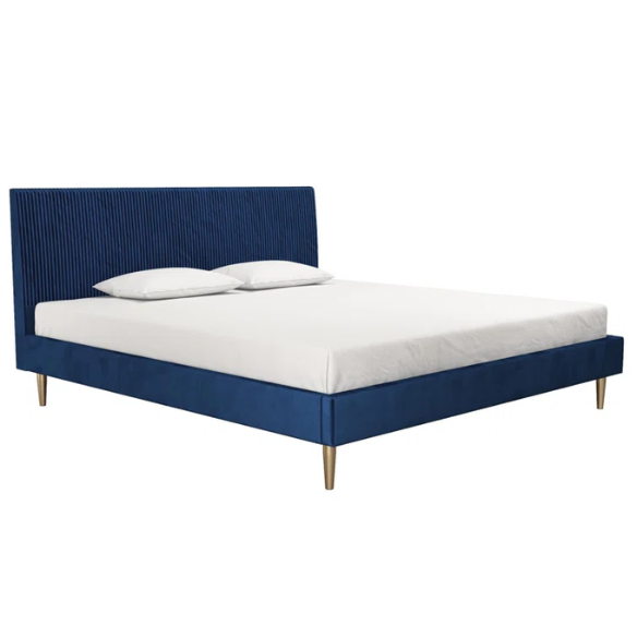Royal blue velvet king platform bed with tufted rectangular headboard, wood slat support, and sleek low-profile design.

