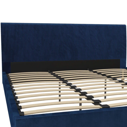 Royal blue velvet king platform bed with tufted rectangular headboard, wood slat support, and sleek low-profile design.

