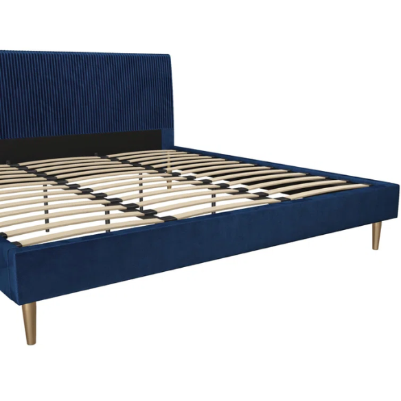 Royal blue velvet king platform bed with tufted rectangular headboard, wood slat support, and sleek low-profile design.

