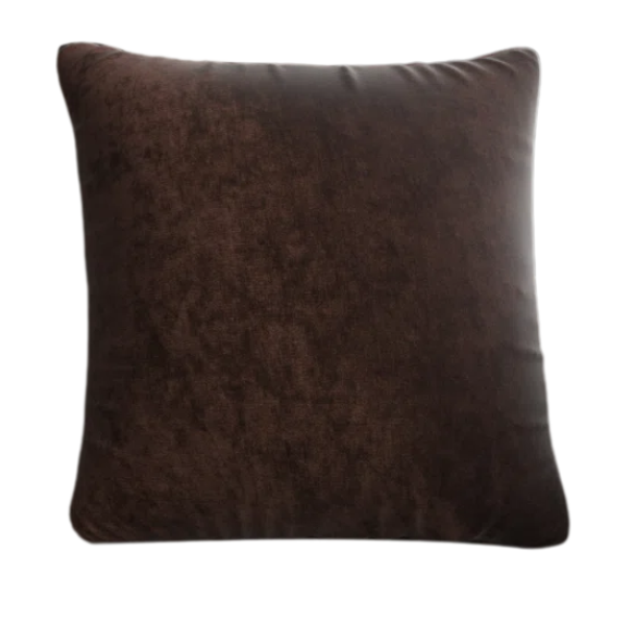 Rust crushed velvet throw pillow, 16x16 square design with soft texture and reversible fabric, styled on a modern sofa for cozy and elegant home decor.

