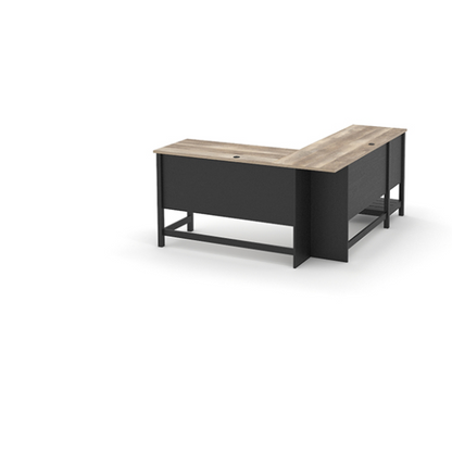 Rustic black L-shaped executive desk with split oak tabletop and storage drawers for home office or study.