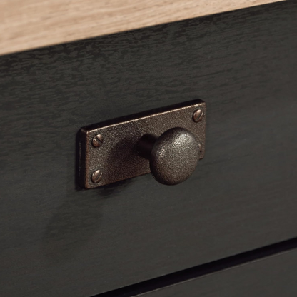 Rustic black L-shaped executive desk with split oak tabletop and storage drawers for home office or study.