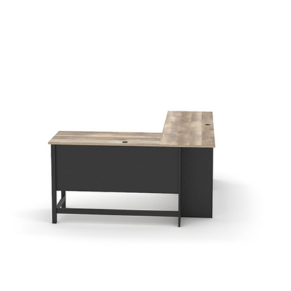 Rustic black L-shaped executive desk with split oak tabletop and storage drawers for home office or study.