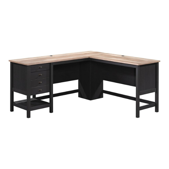 Rustic black L-shaped executive desk with split oak tabletop and storage drawers for home office or study.