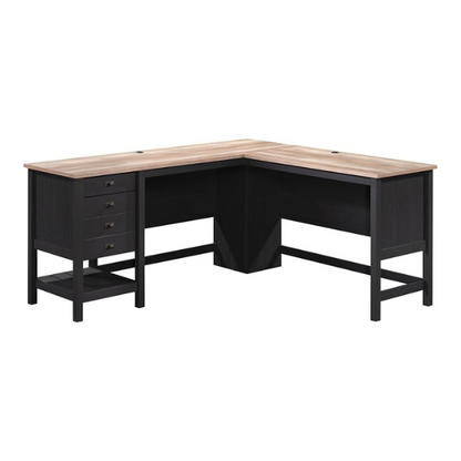Rustic black L-shaped executive desk with split oak tabletop and storage drawers for home office or study.