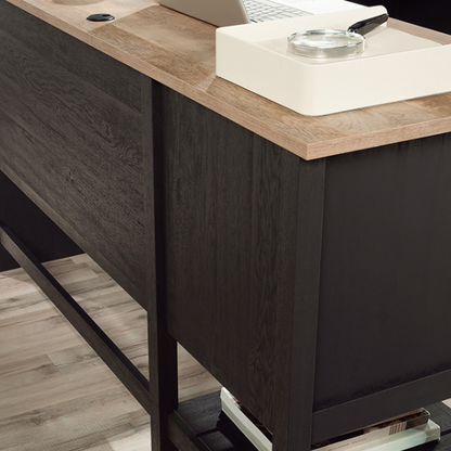 Rustic black L-shaped executive desk with split oak tabletop and storage drawers for home office or study.
