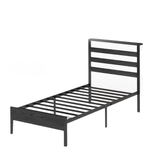 Rustic black twin bed frame with RGB LED lights, built-in USB charging ports, under-bed storage, and powder-coated metal finish.

