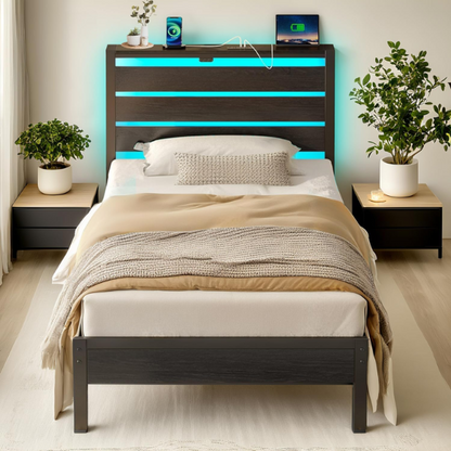 Rustic black twin bed frame with RGB LED lights, built-in USB charging ports, under-bed storage, and powder-coated metal finish.

