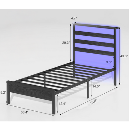 Rustic black twin bed frame with RGB LED lights, built-in USB charging ports, under-bed storage, and powder-coated metal finish.

