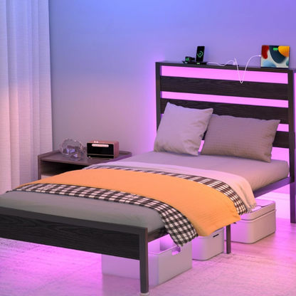 Rustic black twin bed frame with RGB LED lights, built-in USB charging ports, under-bed storage, and powder-coated metal finish.

