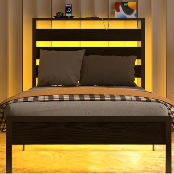 Rustic black twin bed frame with RGB LED lights, built-in USB charging ports, under-bed storage, and powder-coated metal finish.

