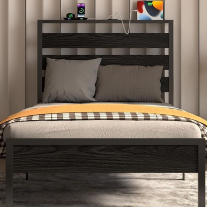 Rustic black twin bed frame with RGB LED lights, built-in USB charging ports, under-bed storage, and powder-coated metal finish.

