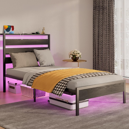 Rustic black twin bed frame with RGB LED lights, built-in USB charging ports, under-bed storage, and powder-coated metal finish.

