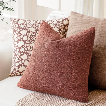 Rustic burnt orange boucle throw pillow cover with soft loop texture, 18x18 inches – cozy modern accent for sofa, bed, or armchair