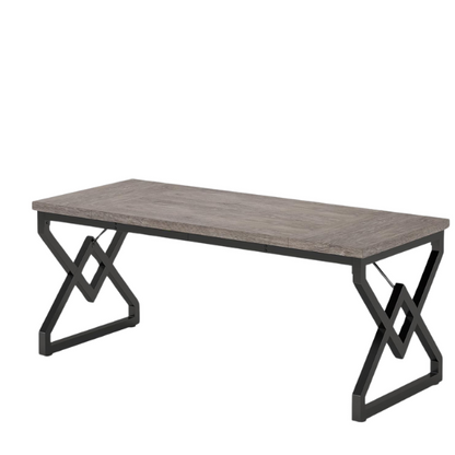 Rustic grey modern executive desk with spacious workspace and geometric metal legs.