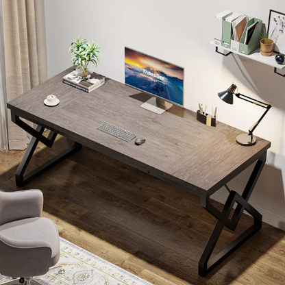 Rustic grey modern executive desk with spacious workspace and geometric metal legs.