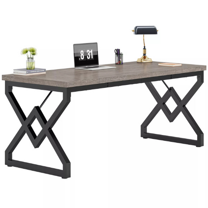 Rustic grey modern executive desk with spacious workspace and geometric metal legs.