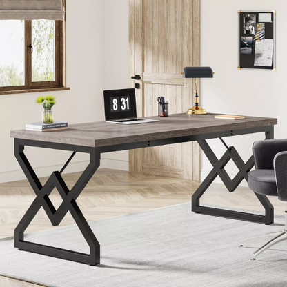 Rustic grey modern executive desk with spacious workspace and geometric metal legs.