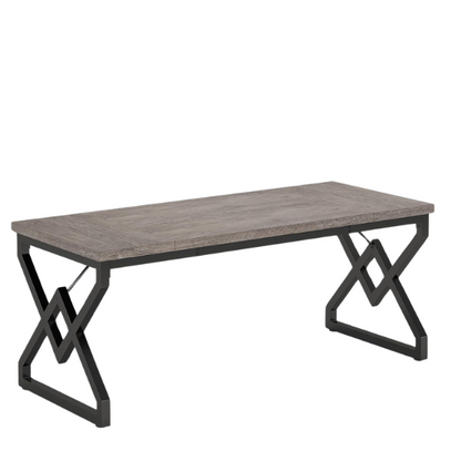 Rustic grey modern executive desk with spacious workspace and geometric metal legs.