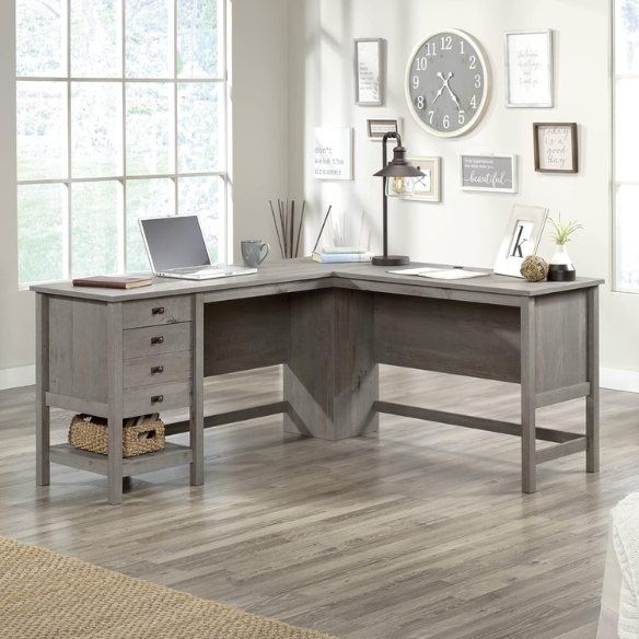 Rustic Grey Oak L-Shaped Executive Desk with Storage and Cable Management