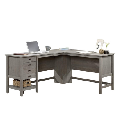 Rustic Grey Oak L-Shaped Executive Desk with Storage and Cable Management