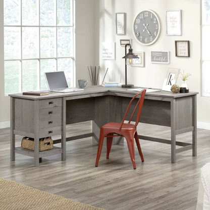 Rustic Grey Oak L-Shaped Executive Desk with Storage and Cable Management