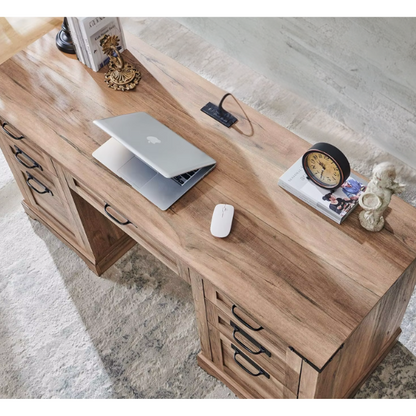 Rustic Natural Oak Executive Desk with File Drawers and Keyboard Tray