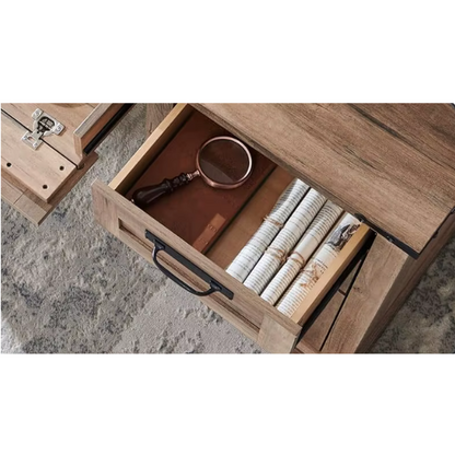 Rustic Natural Oak Executive Desk with File Drawers and Keyboard Tray