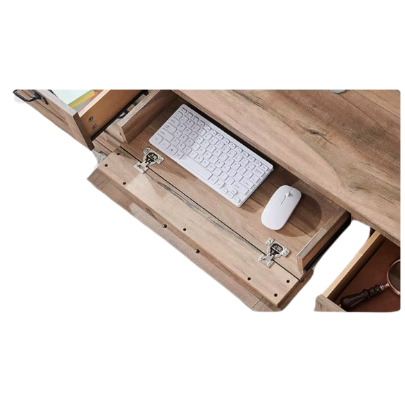 Rustic Natural Oak Executive Desk with File Drawers and Keyboard Tray
