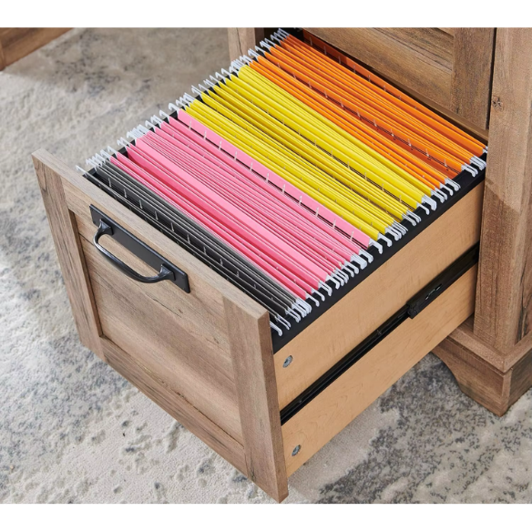 Rustic Natural Oak Executive Desk with File Drawers and Keyboard Tray
