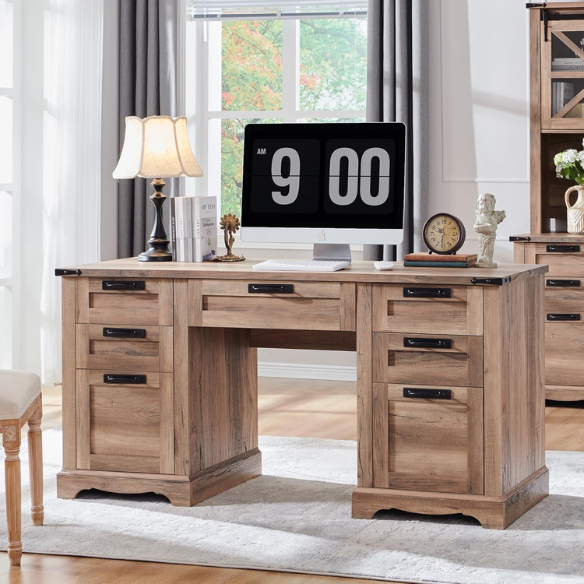 Rustic Natural Oak Executive Desk with File Drawers and Keyboard Tray
