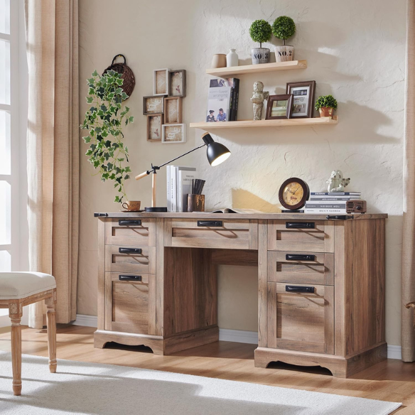 Rustic Natural Oak Executive Desk with File Drawers and Keyboard Tray