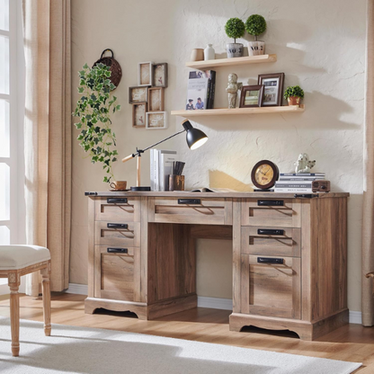 Rustic Natural Oak Executive Desk with File Drawers and Keyboard Tray