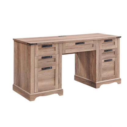 Rustic Natural Oak Executive Desk with File Drawers and Keyboard Tray