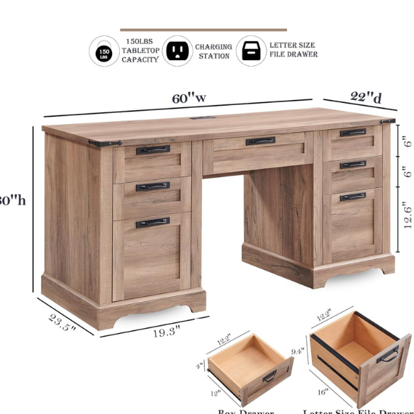 Rustic Natural Oak Executive Desk with File Drawers and Keyboard Tray