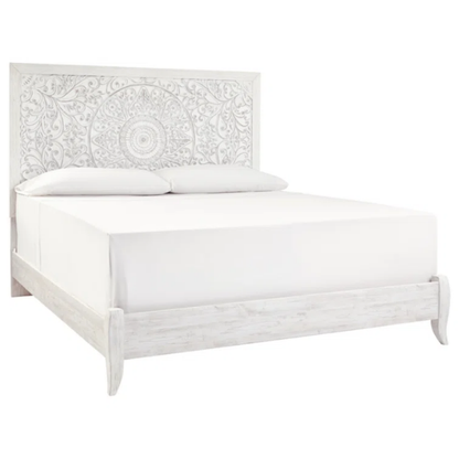 Rustic white king panel bed with intricately carved medallion headboard, decorative laminate finish, and adjustable height frame

