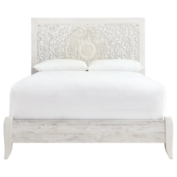 Rustic white king panel bed with intricately carved medallion headboard, decorative laminate finish, and adjustable height frame

